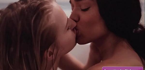  Amazing interracial lesbian busty girls Scarlett Sage, Julie Kay making out in the bathtub and reach intense orgasms